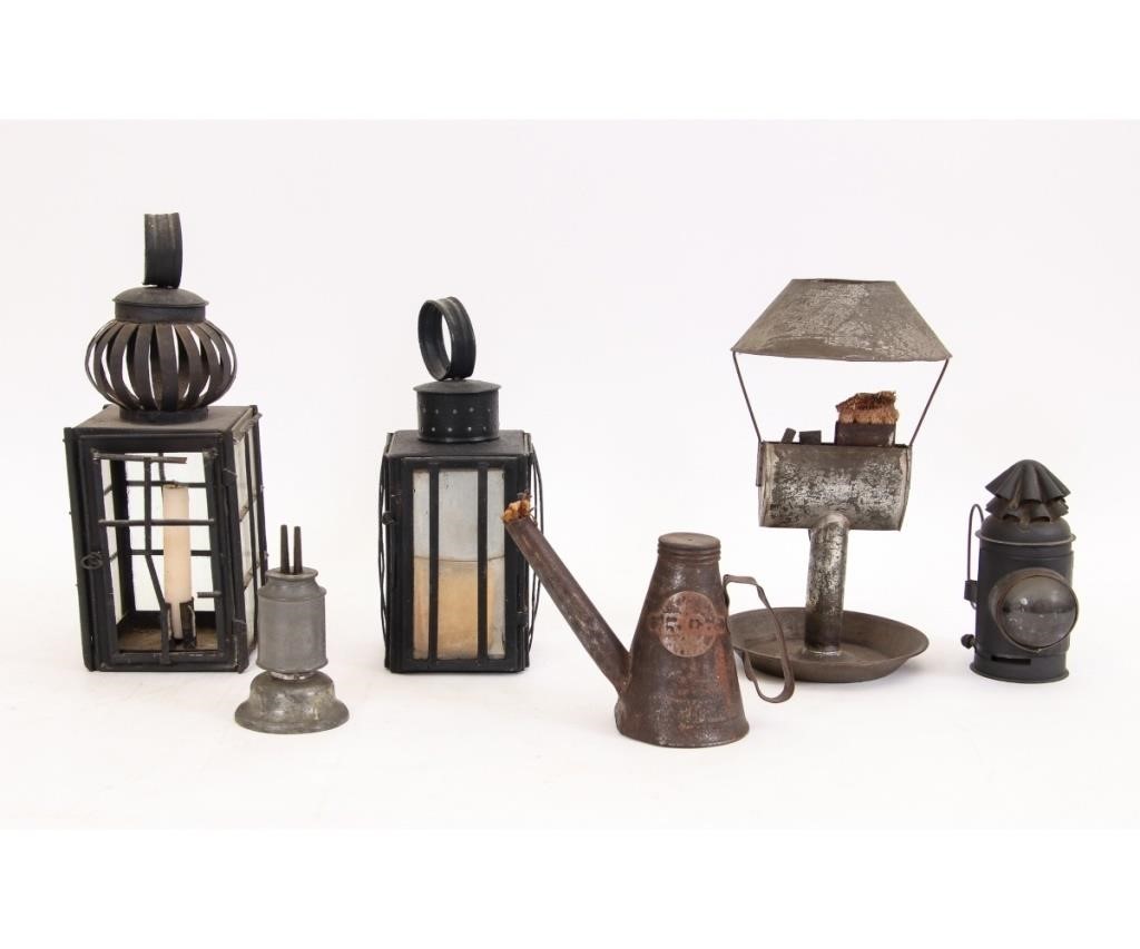 Appraisal: Two early tin lanterns tallest h together with a 'dark'