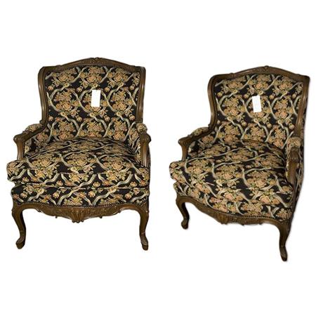 Appraisal: Pair of Louis XV Style Carved Mahogany Bergeres Estimate -