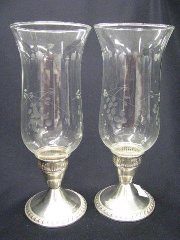 Appraisal: Pair of Sterling Silver Hurricane Lamps etched glass shades weighted