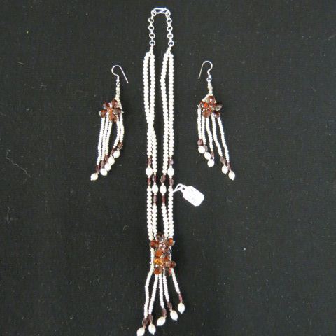 Appraisal: Garnet Pearl Necklace Earrings floral design with tassels long plus