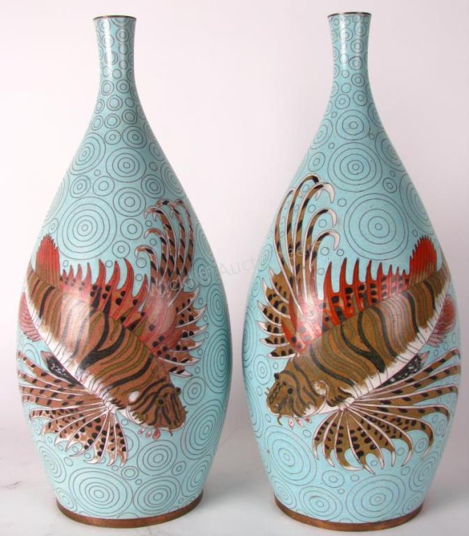 Appraisal: Pair of Oriental Cloisonne Vases blue vases with large lionfish