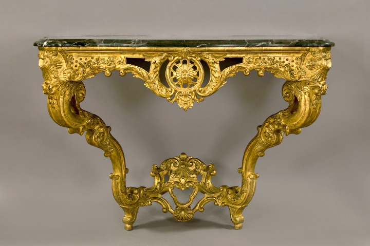 Appraisal: Louis XV-Style Giltwood and Marble-Top Console the variegated black gray