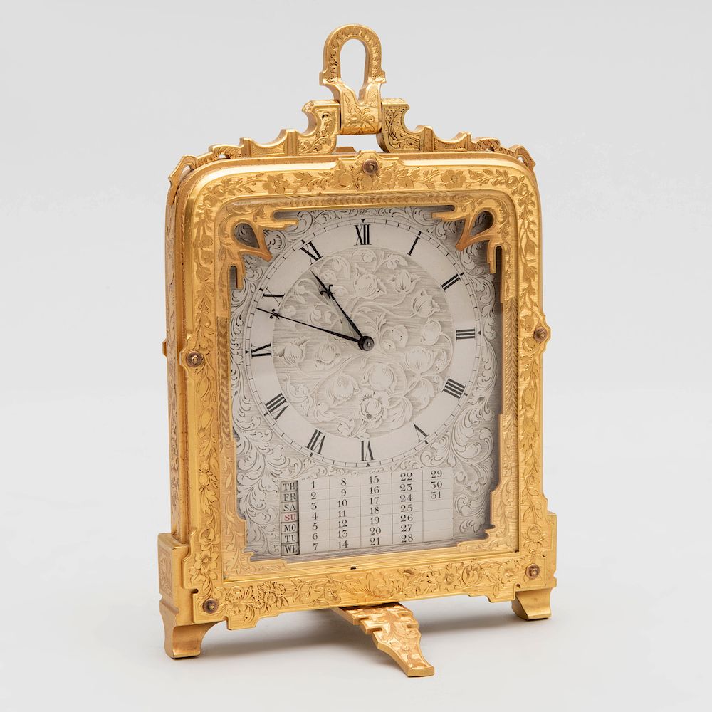 Appraisal: Early Victorian Hunt Roskell Gilt-Brass Strut Timepiece with Calendar Probably