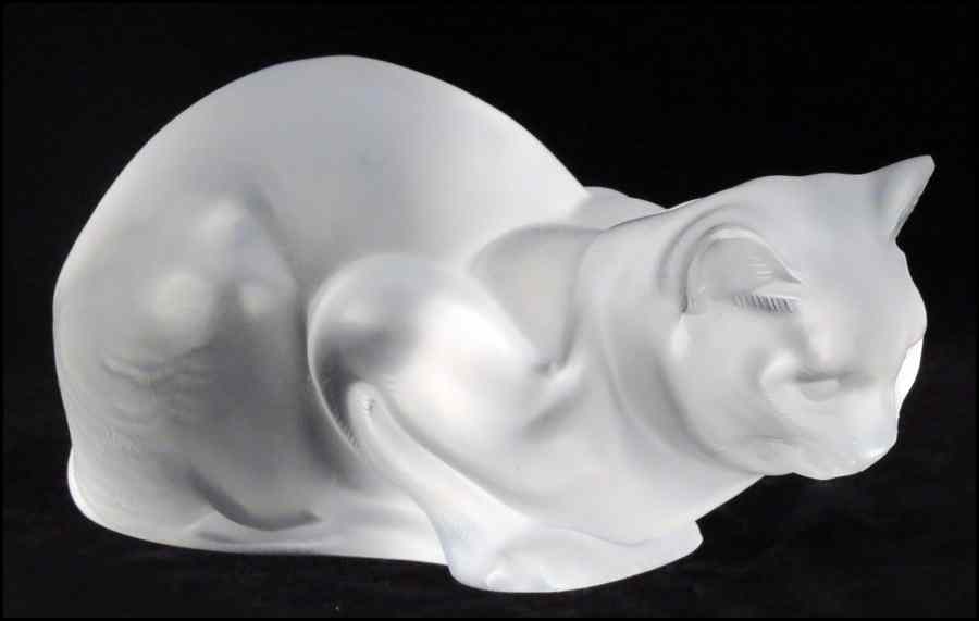 Appraisal: LALIQUE FROSTED GLASS CROUCHING CAT Chat couche H '' W