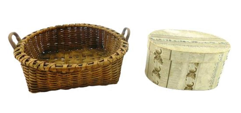 Appraisal: Hatbox and splint basket small hatbox covered with wallpaper and