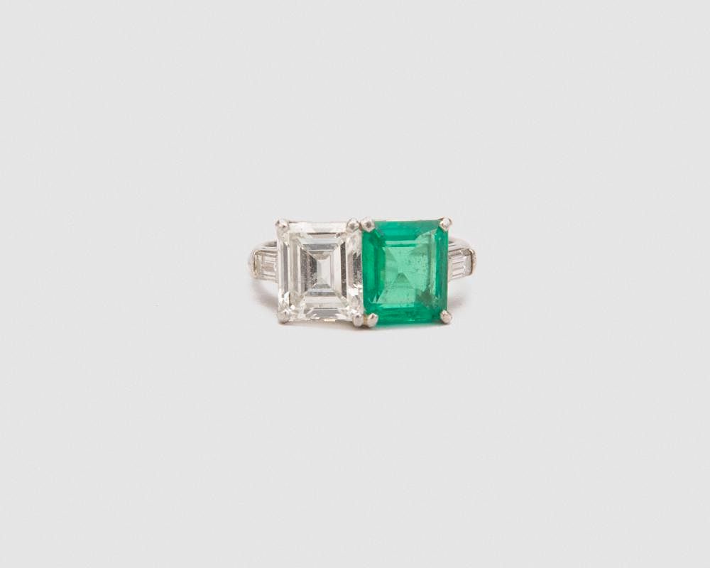 Appraisal: LACKRITZ Platinum Diamond and Emerald Ring LACKRITZ Platinum Diamond and