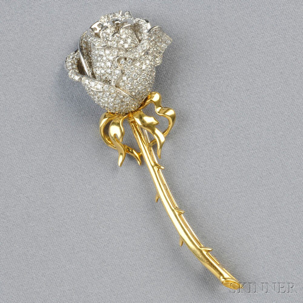 Appraisal: kt Gold and Diamond Rose Brooch pave-set with full-cut diamond