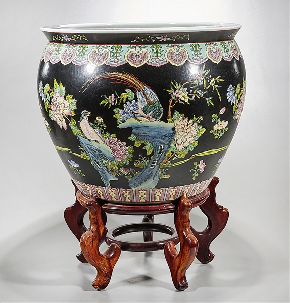 Appraisal: Chinese black ground porcelain fish bowl with birds to interior