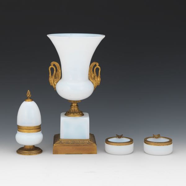 Appraisal: FRENCH OPALINE GLASS TABLE SET Including urn shaped vase with