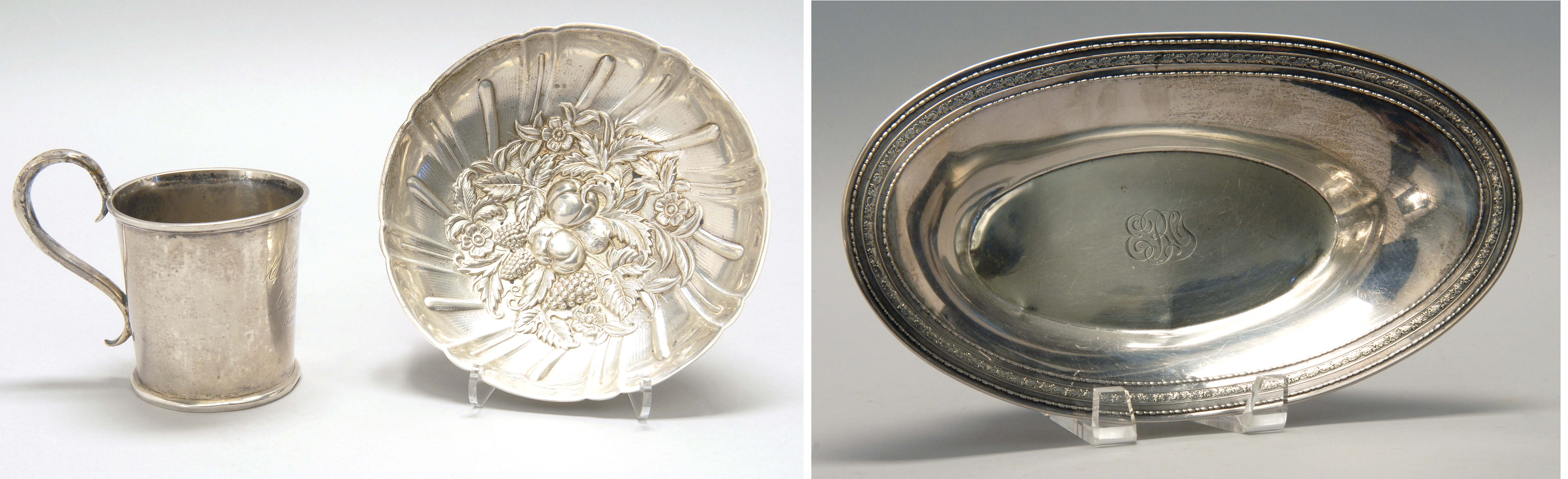 Appraisal: THREE SILVER ITEMS Kirk sterling silver footed bowl with repouss