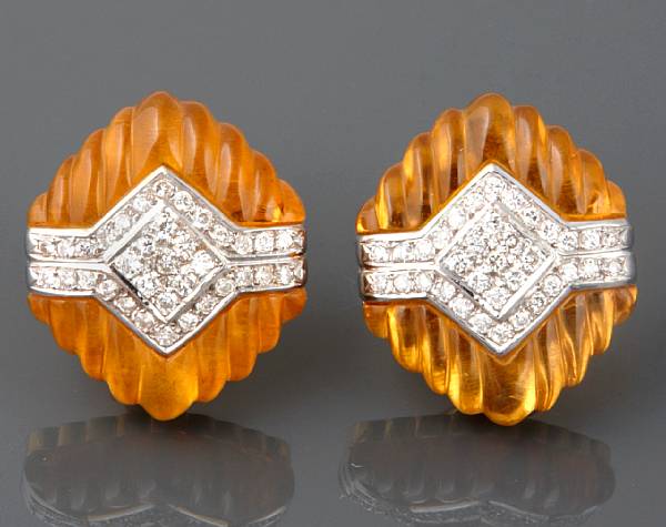 Appraisal: A pair of carved citrine diamond and k yellow and