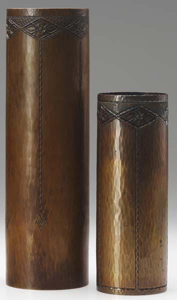 Appraisal: ROYCROFT Two hammered copper cylindrical vases embossed and incised with