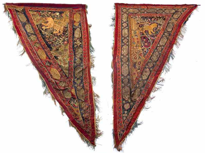 Appraisal: Pair of Persian Embroidered Panels th century of triangular outline