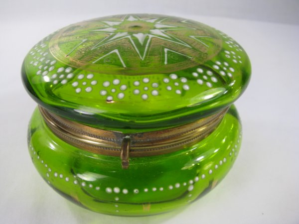 Appraisal: Antique green glass powder jar with gilt and white enameled