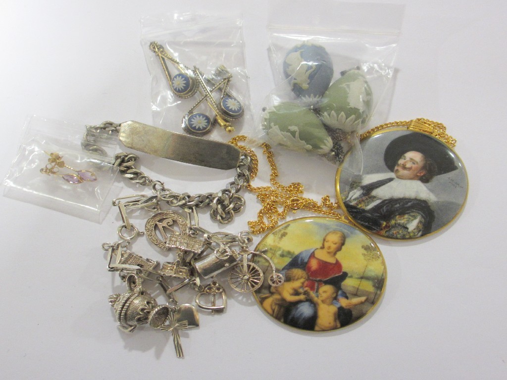 Appraisal: Lot comprising silver charm bracelet Wedgwood pendants and earrings Staffordshire