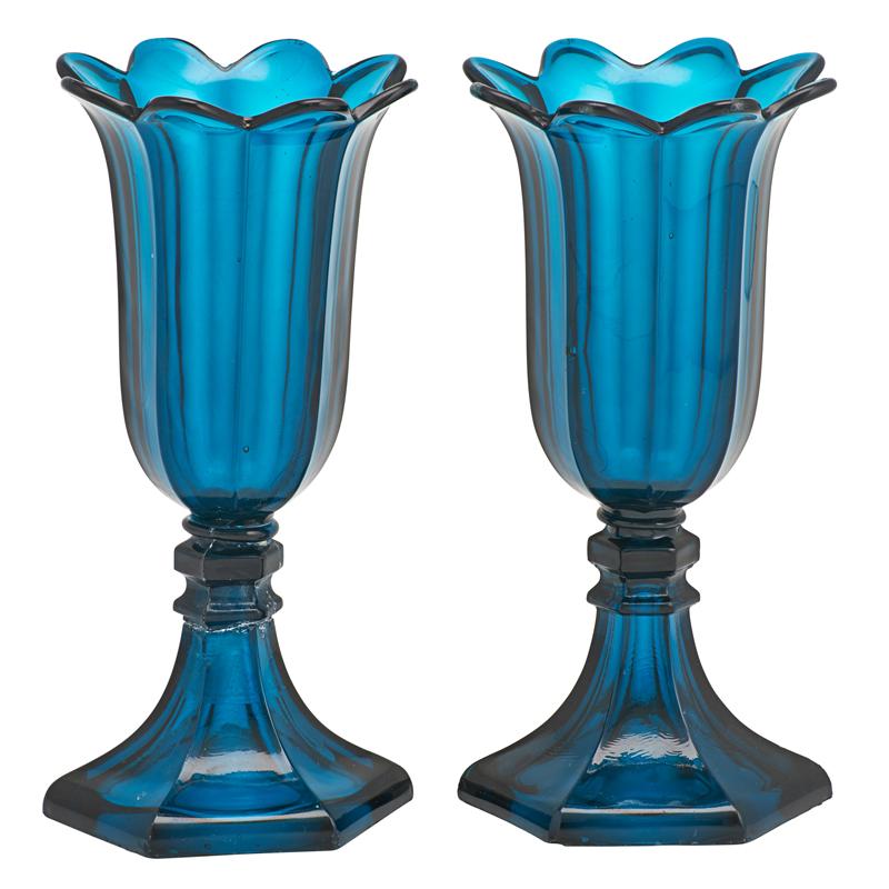 Appraisal: PAIR OF SANDWICH GLASS TULIP VASES Pressed in Peacock Blue