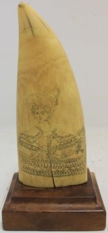 Appraisal: EARLY TH C SCRIMSHAW WHALE'S TOOTH DEPICTING ANELEGANTLY DRESSED WOMAN