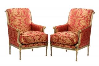 Appraisal: Pair Louis XV Style Silk Upholstered Armchairs French mid th