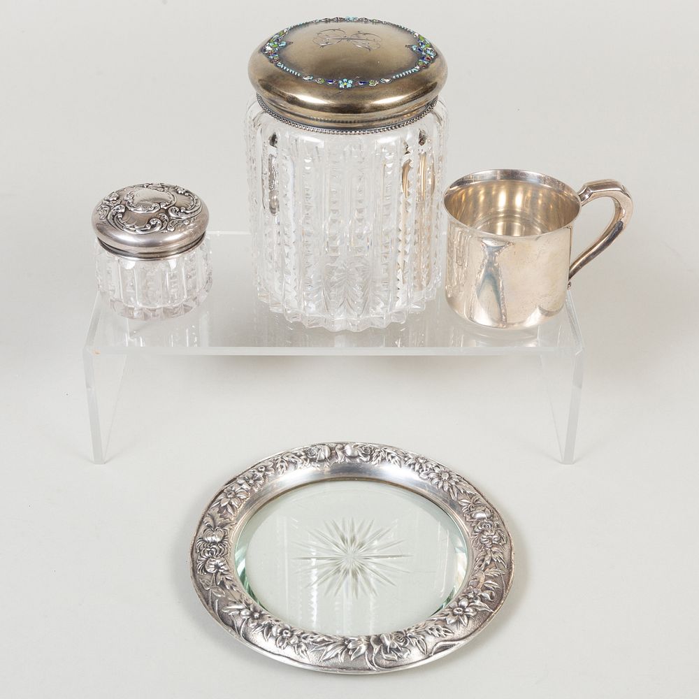 Appraisal: Three Silver Mounted Glass Articles and a Child's Mug Each