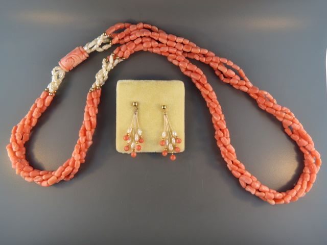 Appraisal: Coral and Pearl k Necklace and Earrings long with dangling