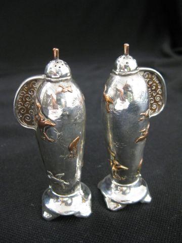 Appraisal: Rare Tiffany Sterling Mixed Metals Salt Pepper flying crane decor