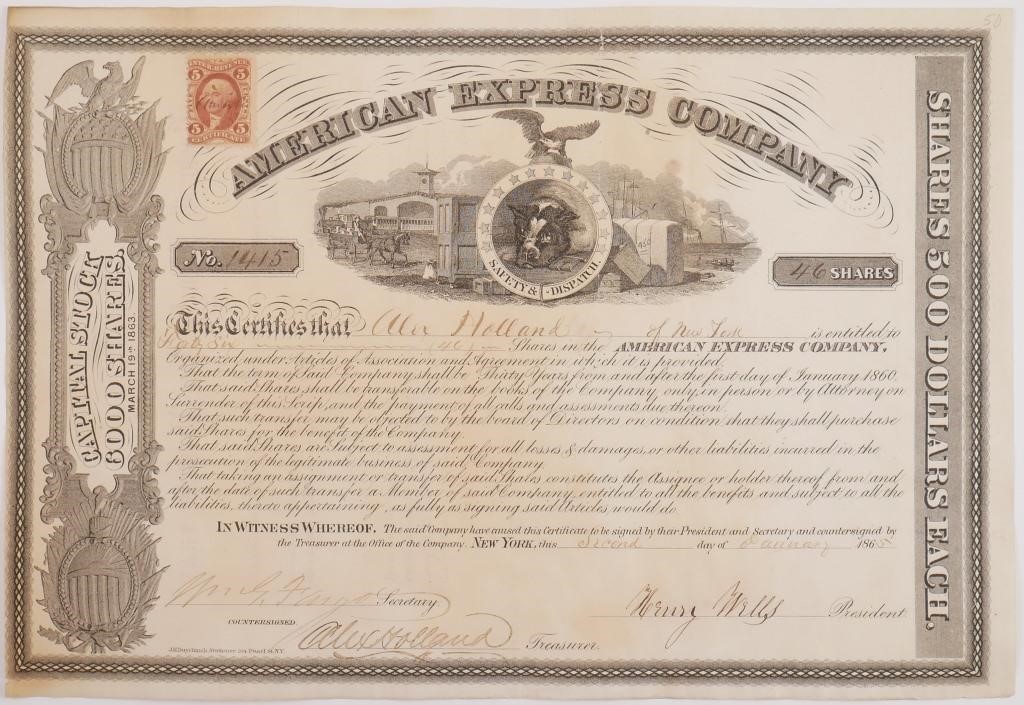 Appraisal: Original stock certificate hand-signed by Henry Wells and William G