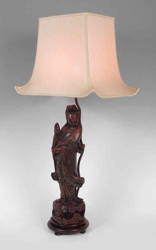 Appraisal: CARVED WOOD QUAN YIN LAMP Carved wood lamp base in