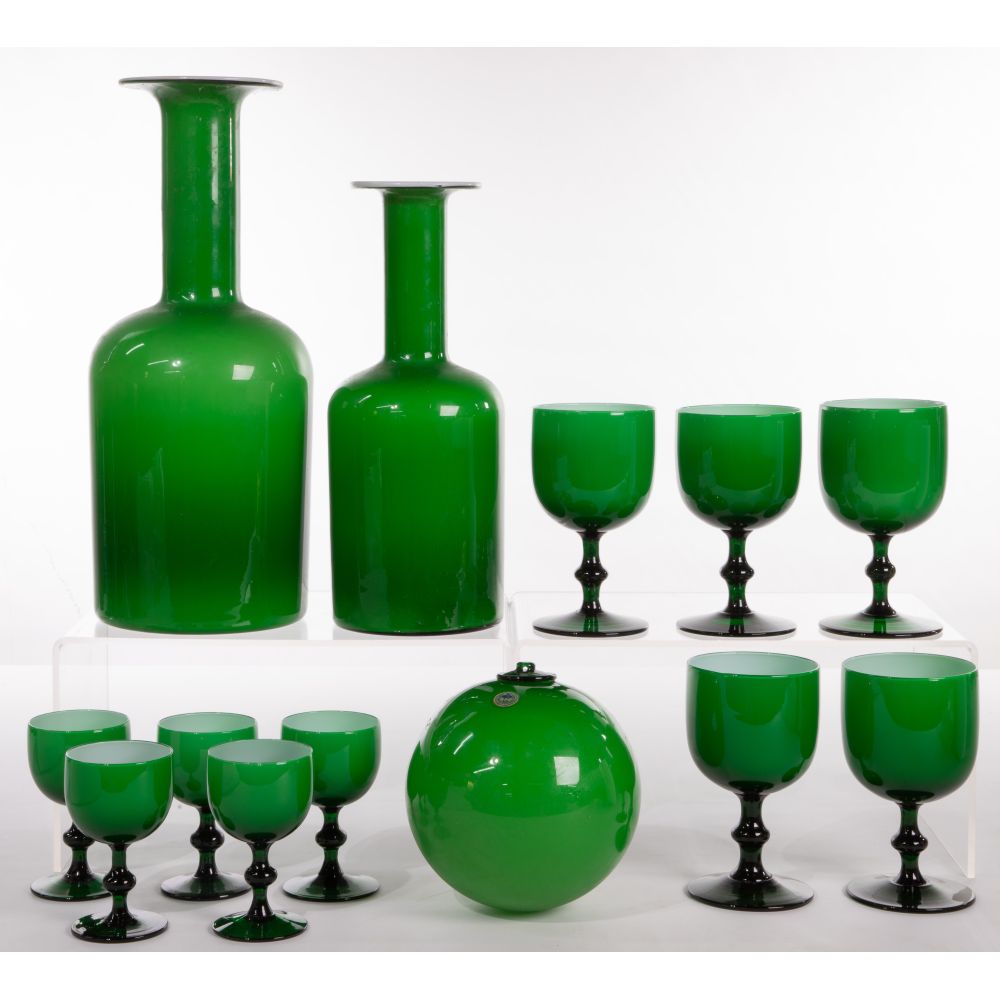 Appraisal: HOLMEGAARD GLASS VASES green glass bottle vases having Holmegaard labels