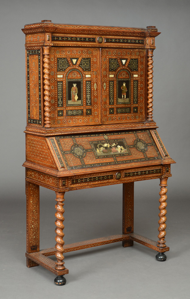 Appraisal: UNUSUAL IBERIAN BONE AND BRASS INLAID HARDWOOD SLANT-FRONT CABINET The