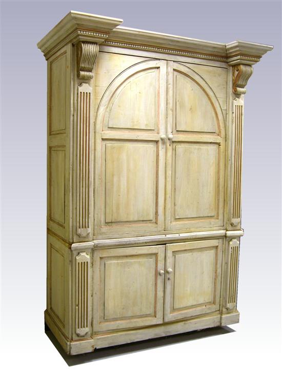 Appraisal: Large two part cabinet with antiqued grey finish picked out