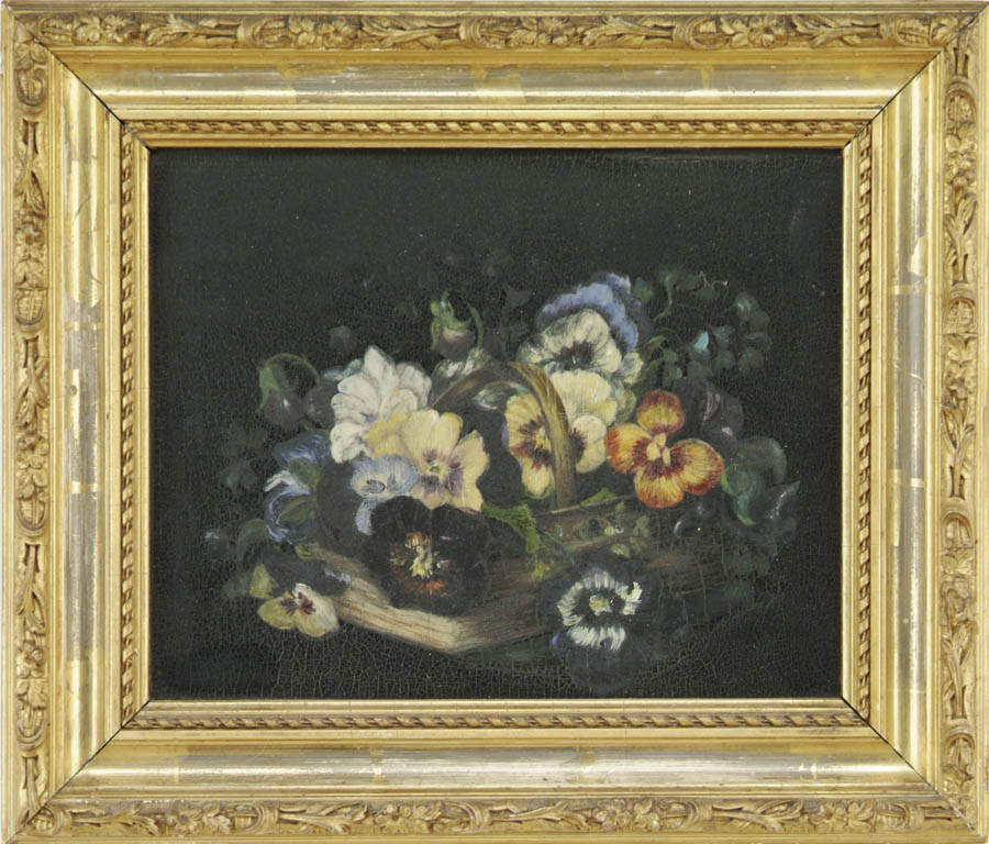 Appraisal: UNSIGNED th th Century BASKET OF PANSIES Oil on wood