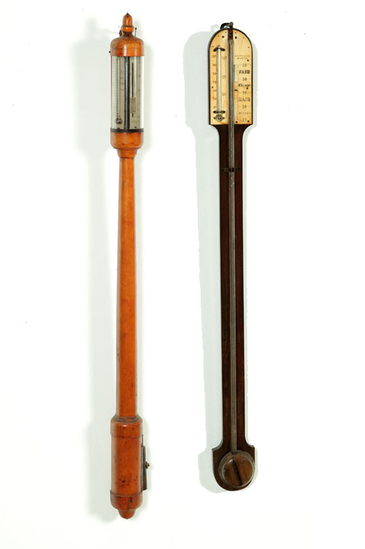 Appraisal: TWO STICK BAROMETERS Nineteenth century English mahogany with ivory face