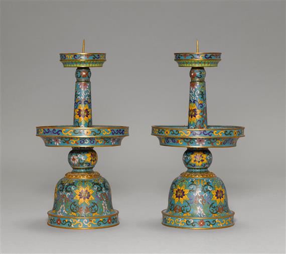 Appraisal: PAIR OF CLOISONN CANDLESTICKS China th c H cm Polychrome