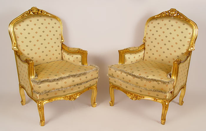 Appraisal: PAIR GRAND FRENCH STYLE CARVED AND GILT WOOD ARM CHAIRS