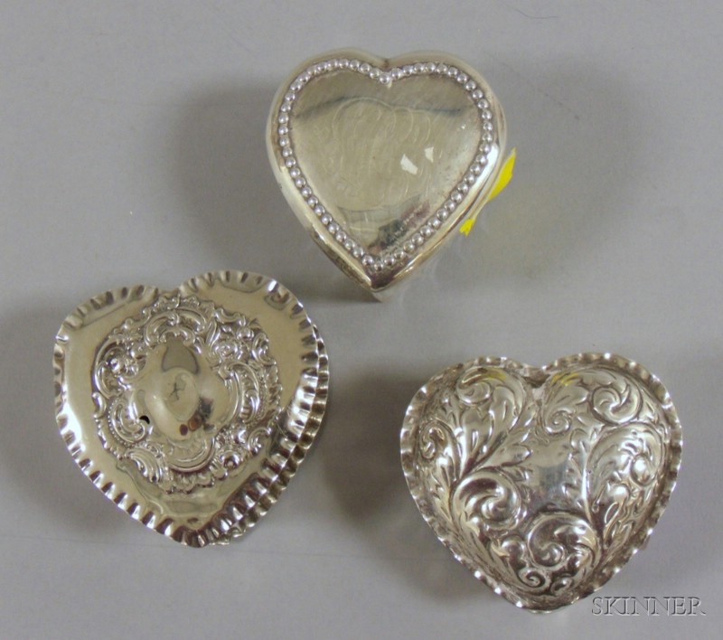 Appraisal: Three Heart-Shaped Silver Boxes Gorham James Armige etc one silver