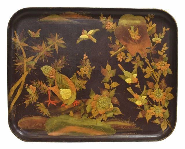 Appraisal: Japanese lacquered service tray with birds floral branches and fan