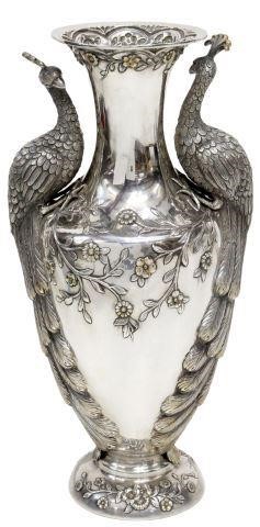 Appraisal: Large Italian sterling silver baluster-form vase with peacock handles repousse