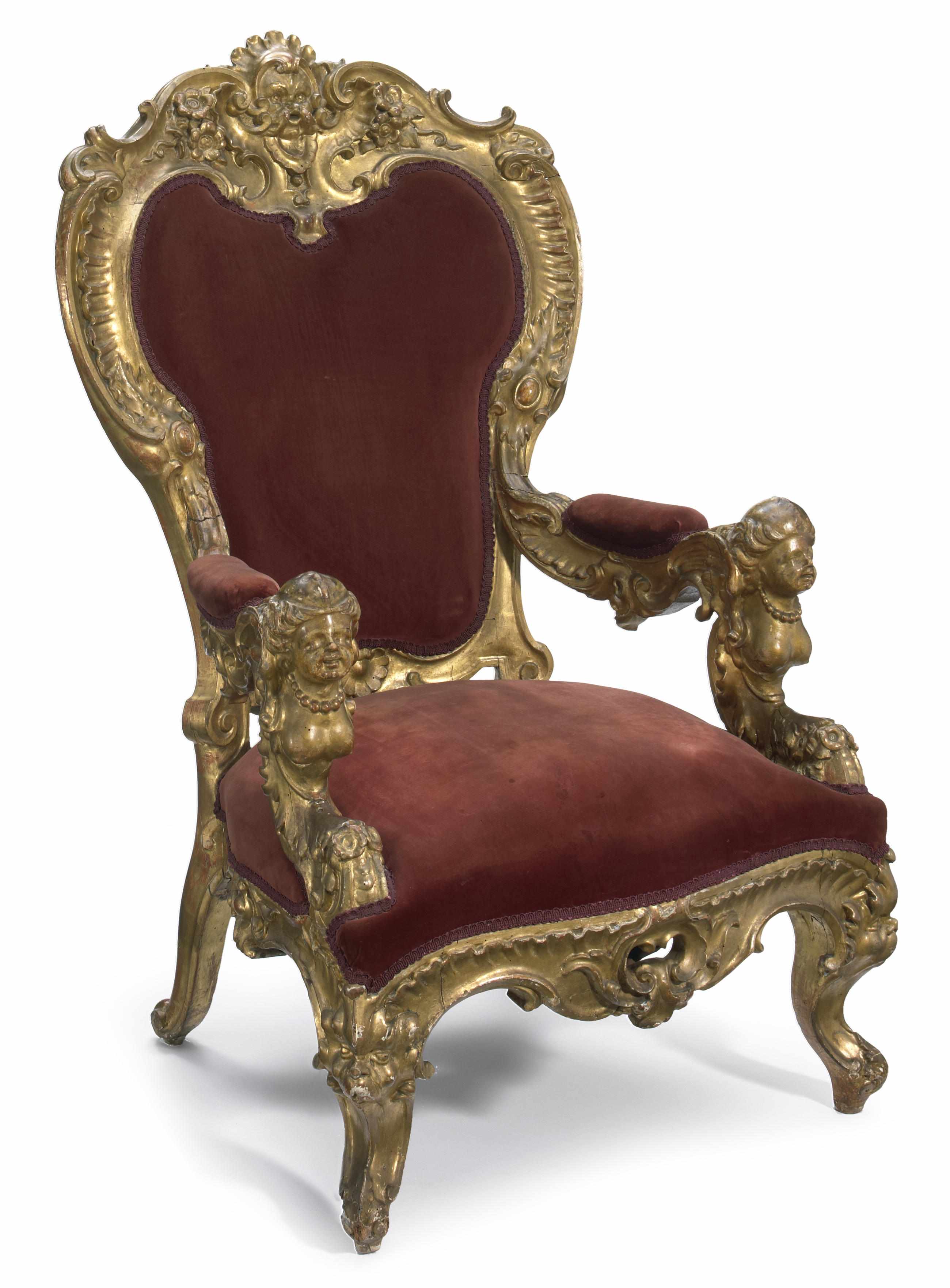 Appraisal: An Italian Rococo style carved giltwood armchair second half th