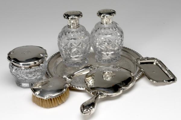 Appraisal: SILVER AND CUT-CRYSTAL DRESSER SET Comprising two small scent bottles