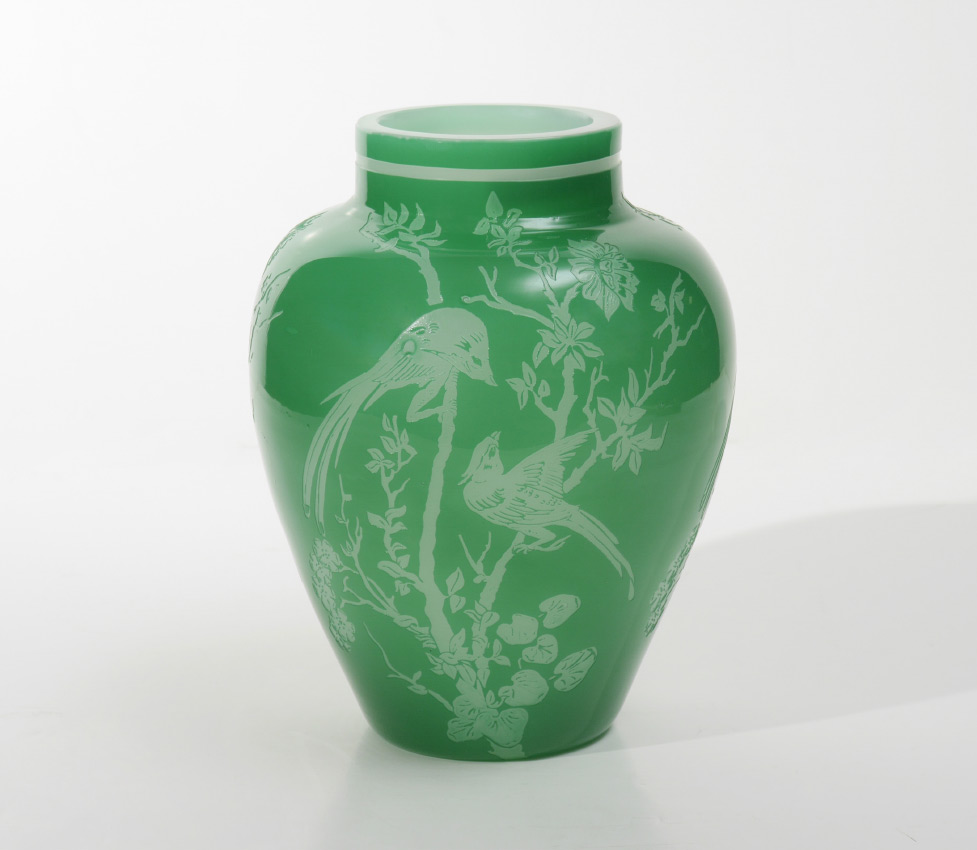 Appraisal: STEUBEN ACID CUT BACK JADE GLASS VASE Acid cut to