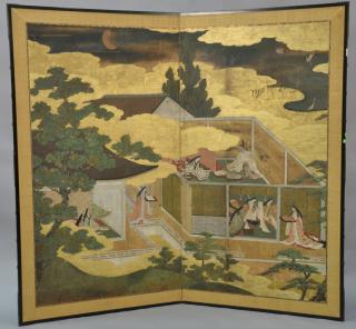 Appraisal: Large painted two panel folding screen depicting Tales of Genji