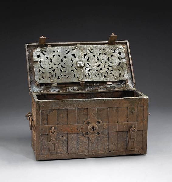 Appraisal: A Spanish Armada style metal chest mid th Century The