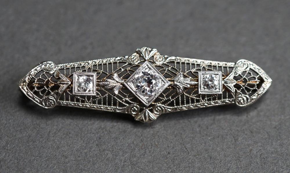 Appraisal: Art Deco Tested -Karat Filigree White-Gold and Diamond Bar Pin