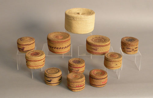 Appraisal: Eleven lidded Makah baskets some with animal designs and various