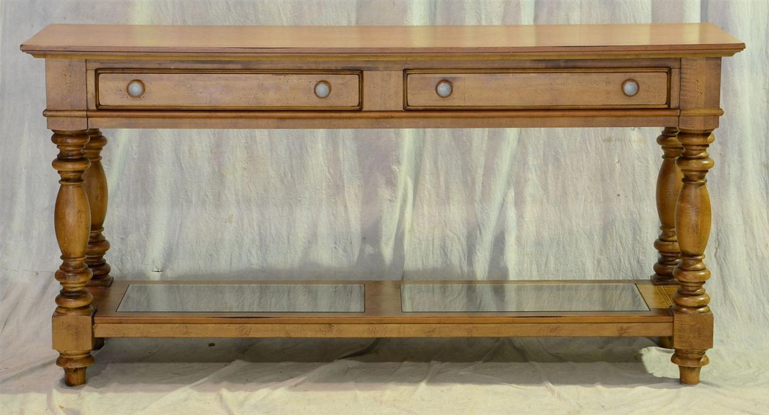 Appraisal: Lane country style open base credenza with drawers glass inserts