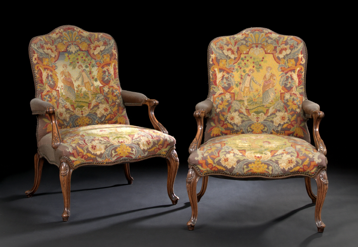 Appraisal: Attractive Pair of Louis XV-Style Carved Walnut Fauteuils en Cabriolet