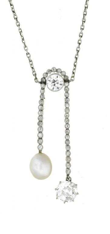 Appraisal: AN ATTRACTIVE DIAMOND AND CULTURED PEARL NEGLIGEE PENDANT with a