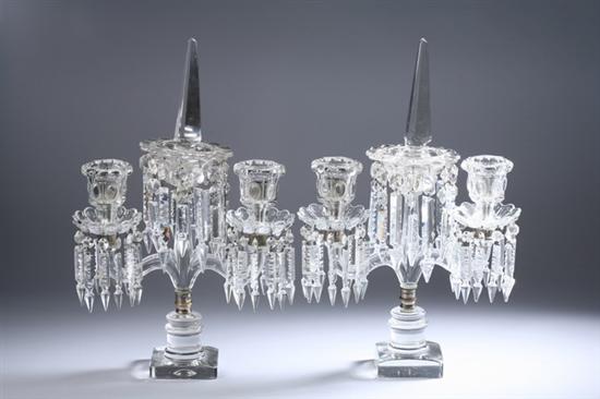 Appraisal: PAIR CRYSTAL TWO-LIGHT CANDELABRA late th - early th century