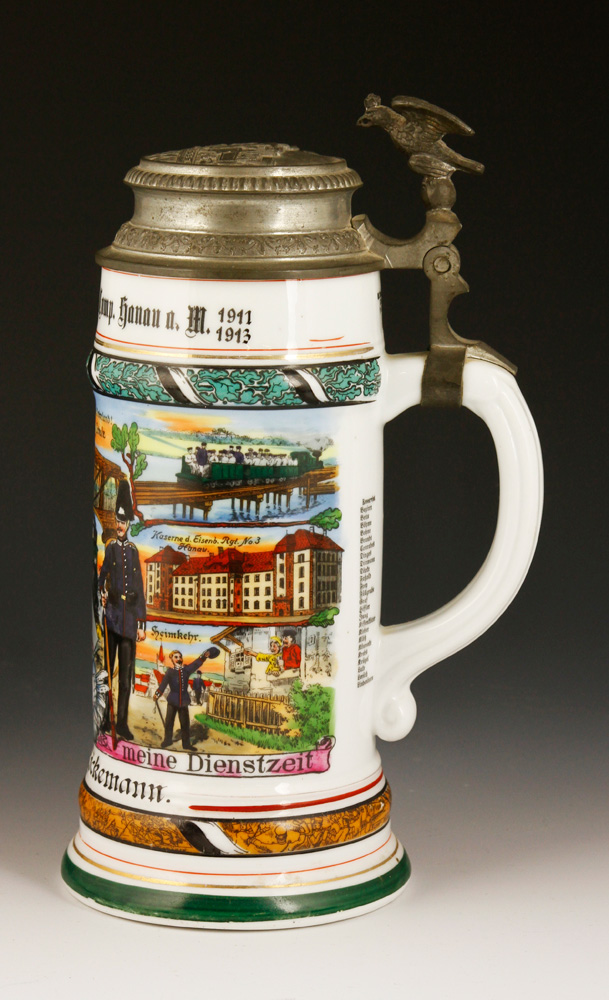 Appraisal: - Regimental Lithophane Stein Regimental lithophane stein with pewter figural