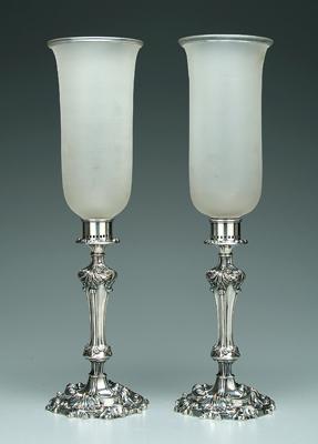 Appraisal: Pair silver plated candlesticks ornate round bodies acanthus and scroll